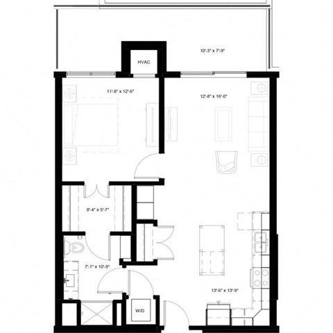 Floor plan for 1 bed, 1 bath, 813 sqft